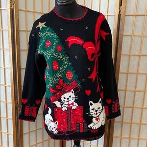 Vintage USA Nutcracker Festive Black Sweater with Christmas Tree and Cats 90’s